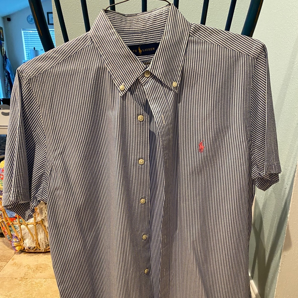Polo by Ralph Lauren Blue seersucker short sleeve button down shirt.
